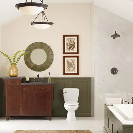 Warm-toned bathroom with organic accents