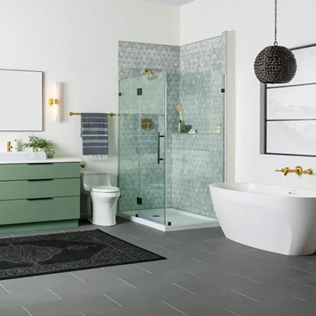 Cool green bathroom with soaking tub and pendant