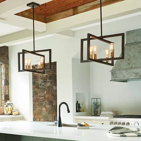 Natural and bright kitchen with earthy accents and industrial lighting