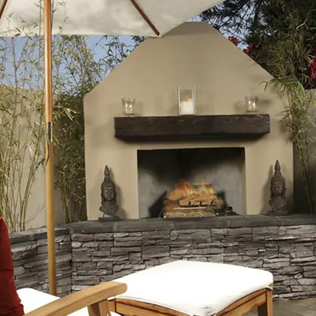 Warm outdoor living room with fireplace