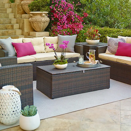 Patio furniture with pink accents