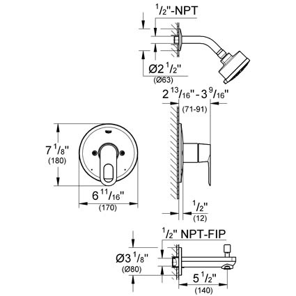 grohe shower head diagram tub valve diverter spout bauloop balanced function pressure trim multi faucet faucetdirect build manufacturer